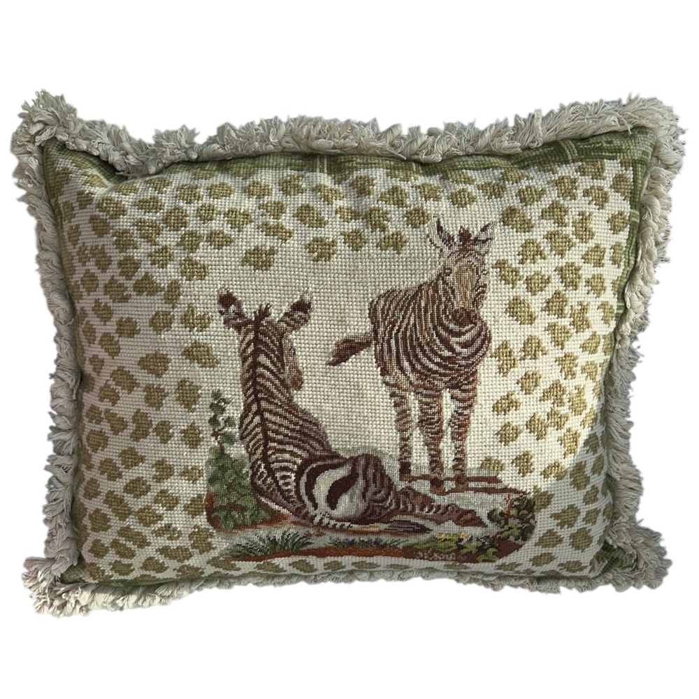 Vintage Needlepoint Zebras on the plains Leopard spots 14x17 fringe trim pillow